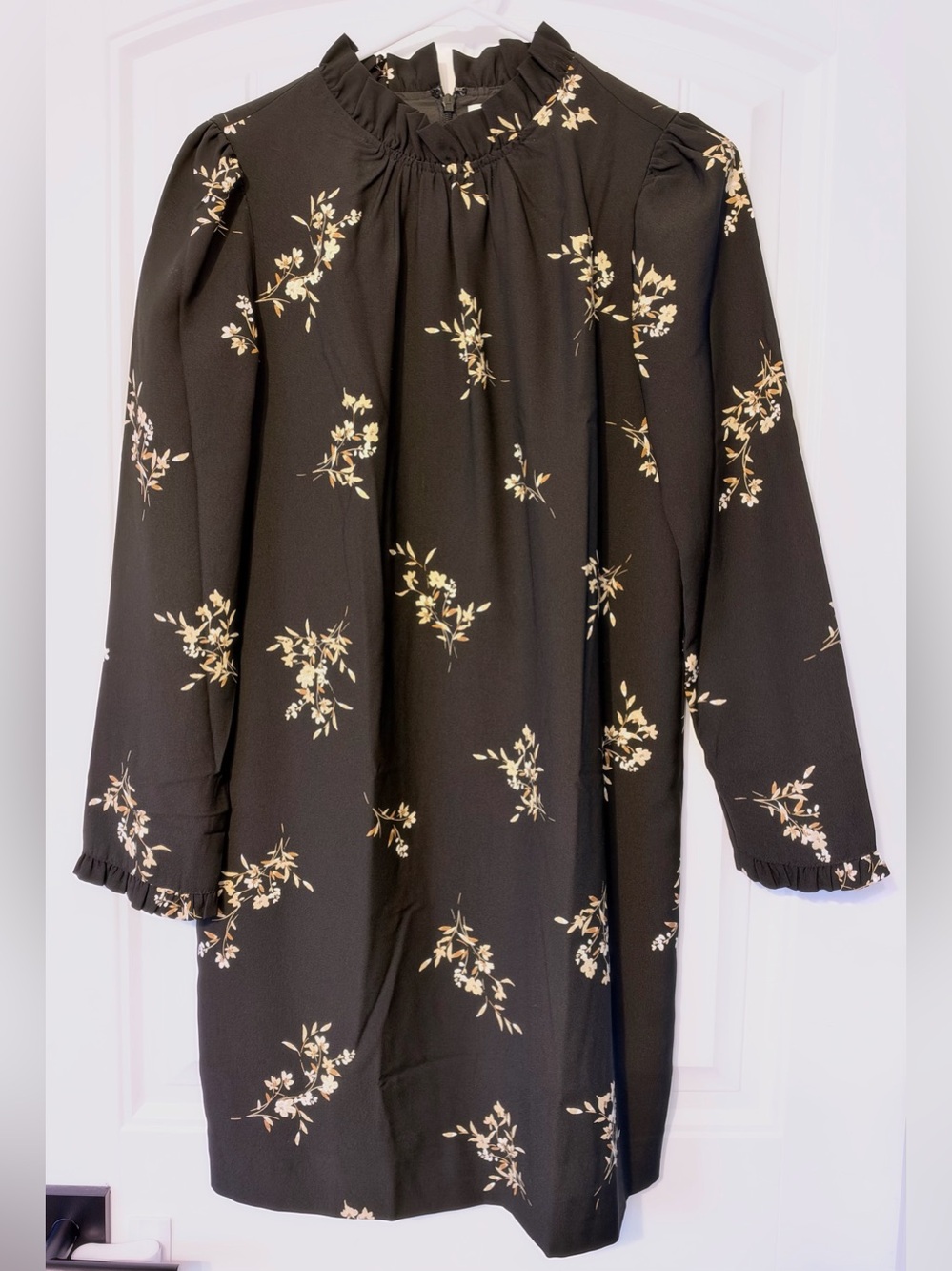 J.Crew Black Ruffleneck Shift Dress with Cream Floral Print - NWT!